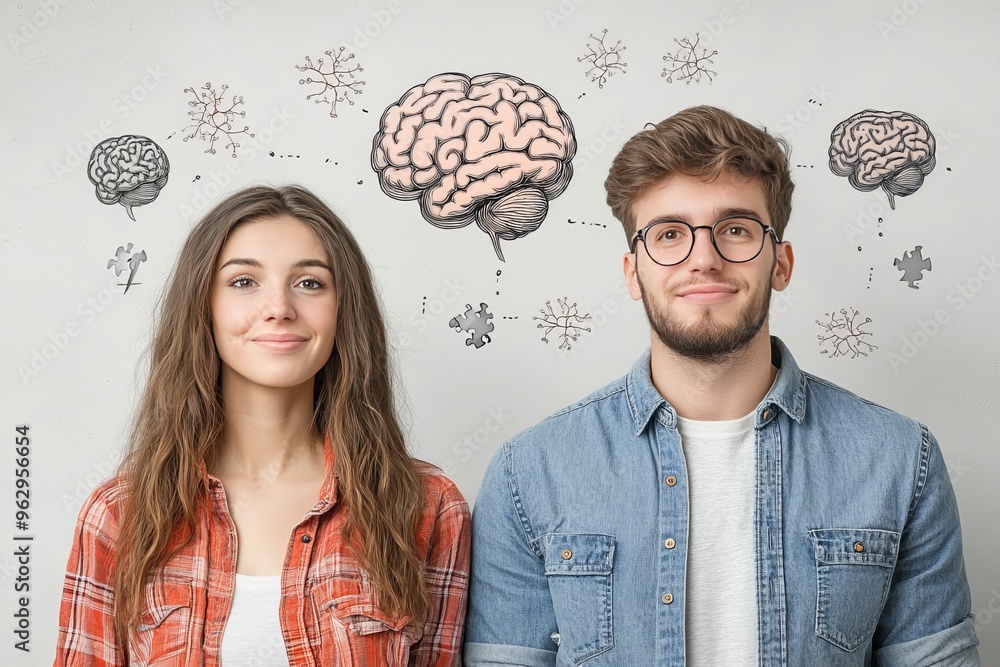 Poster cognitive acuity intellectual power playful illustration of a couple with puzzle brain elements symb