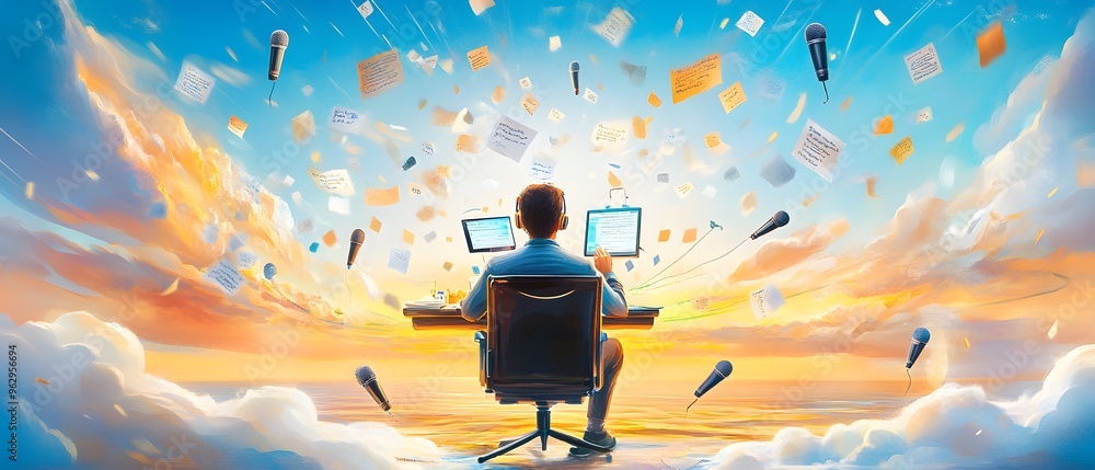 Poster man working at desk with paper and microphone flying around him