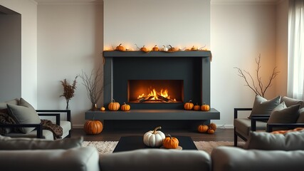 Minimal living room with Halloween fireplace decor