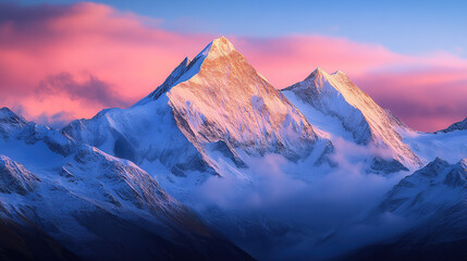 Breathtaking snow-capped mountains at sunrise, with a pink and blue sky,