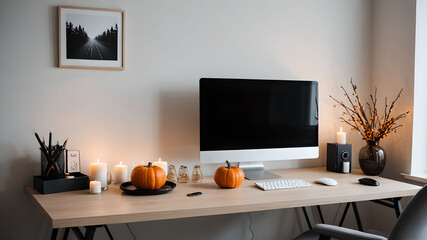 Minimal office space with Halloween decor