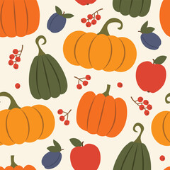 seamless pattern with pumpkins, rowan, plums and apples; autumn background - vector illustration