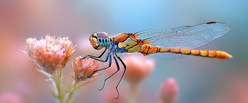 Colorful dragonfly perched on a pink flower with a soft, blurred background.