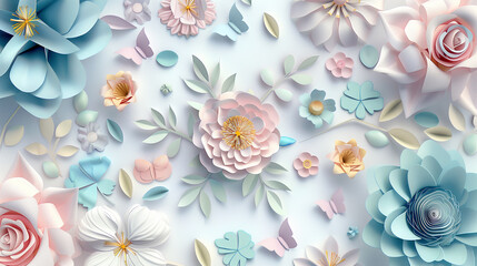 3d render, horizontal floral pattern. Abstract cut paper flowers isolated on white, botanical background.