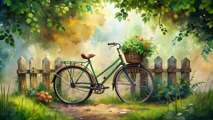 Fototapeta premium A bicycle adorned with vines and blooms leans against a rustic wooden fence, surrounded by lush greenery, in