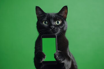 Black cat holding smartphone with green screen on green background