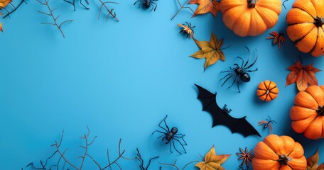 Halloween background with pumpkins, bats and spiders on blue color flat lay top view copy space for text banner design --ar 125:66 Job ID: bf17eb7f-7a5c-4017-9968-91c472618952
