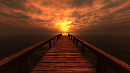 Obraz premium Wooden pier extending out to a fiery sunset.