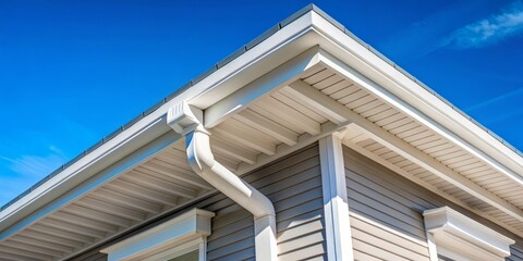 Fototapeta premium A brilliant blue sky provides a stunning backdrop for the white fascia board, with its attached gutters adding