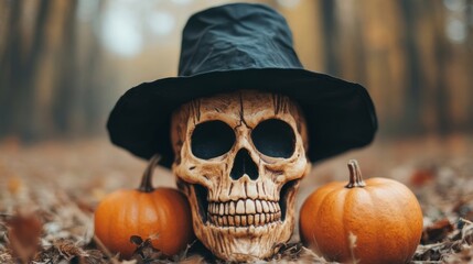 Halloween Skull with Pumpkins in Autumn Forest.