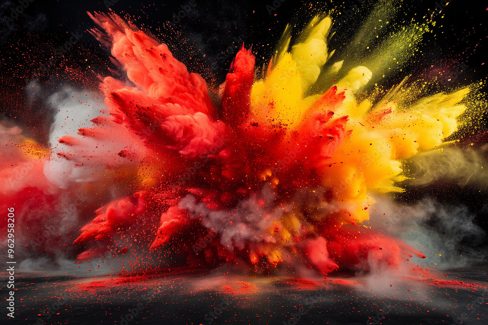 Poster an explosive burst of vibrant red and yellow powders captured in mid-air, creating an intense and dy