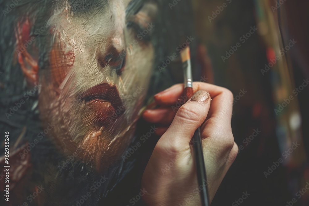 Poster cyborg hand holds vibrant red and yellow paintbrush poised to create art on canvas. dark textured ba