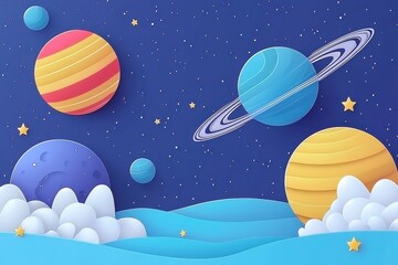 Fototapeta premium Colorful illustrated space scene with planets, stars, and clouds
