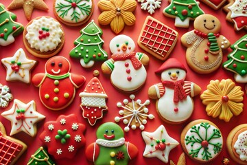 Obraz premium Festive christmas cookie collection on vibrant red background with holiday decorations