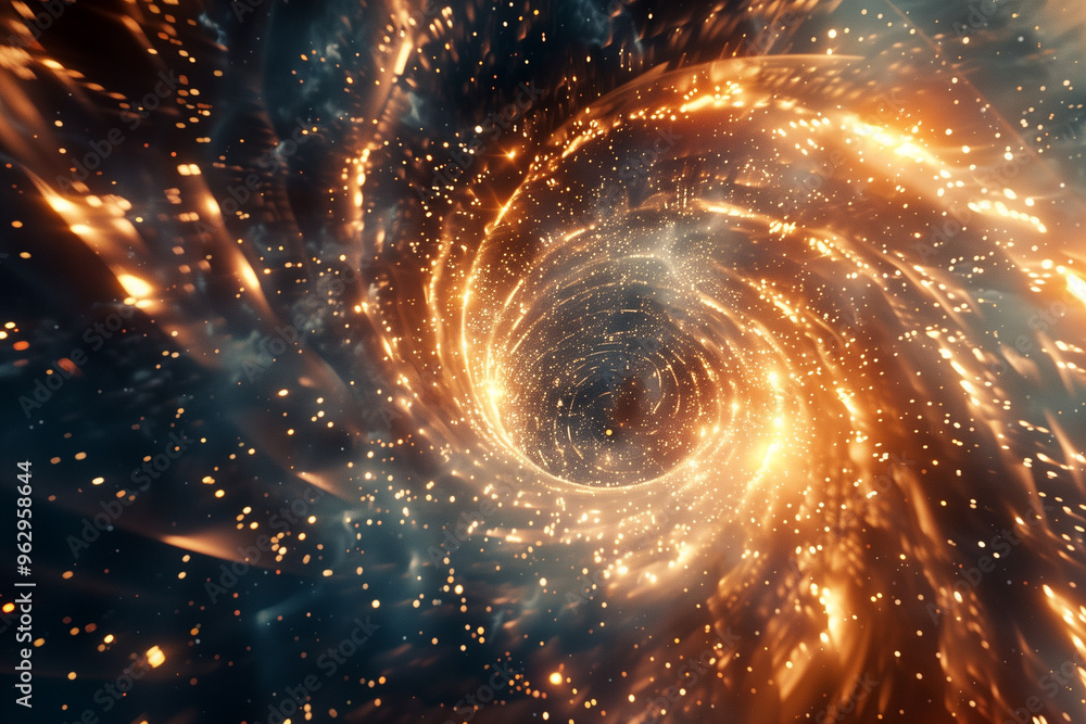 Poster an intense abstract image of a fiery vortex, swirling with bright light and glowing particles that s