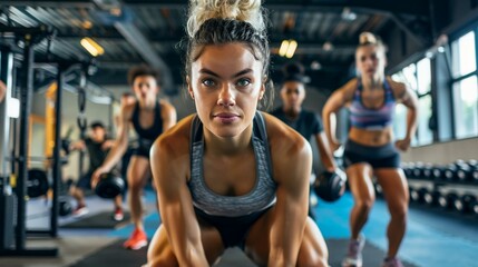 Group of friends doing a circuit workout together at the gym