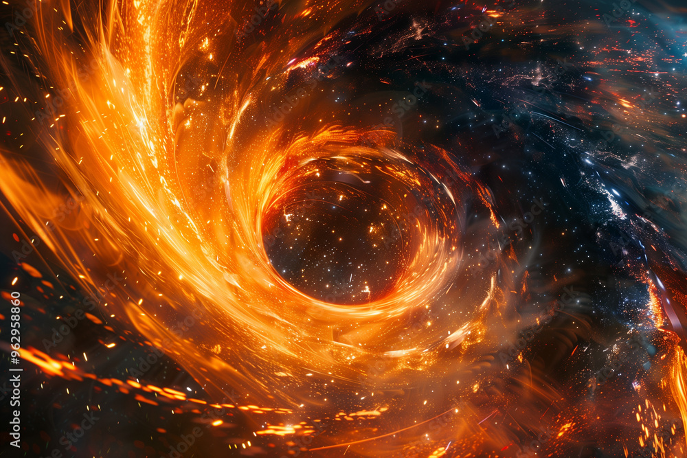 Poster an intense abstract image of a fiery vortex, swirling with bright light and glowing particles that s