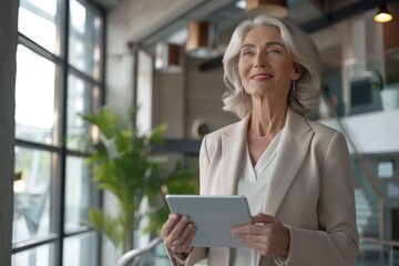 Fototapeta premium Successful middle-aged businesswoman holding a tablet, bright office environment, positive expression