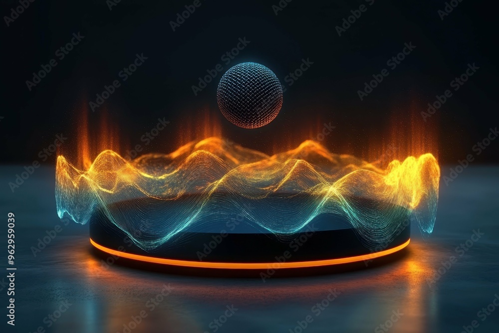 Poster a floating microphone surrounded by glowing waves of energy, symbolizing amplified speech, emphasizi
