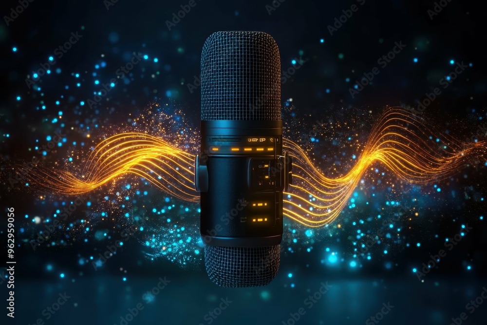 Poster a floating microphone surrounded by glowing waves of energy, symbolizing amplified speech, emphasizi