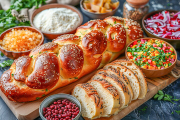 Freshly baked challah bread surrounded by traditional rosh hashanah food