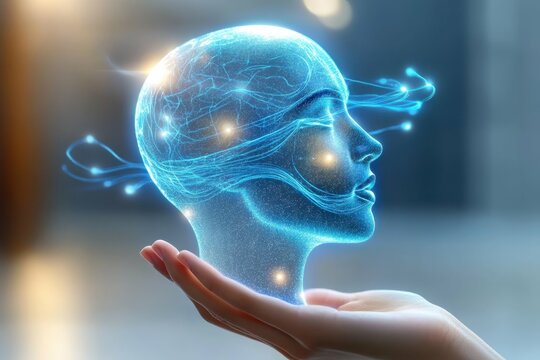 A hologram of an abstract human face, with flowing lines representing speech emanating from it, symbolizing the dynamic nature of communication and expression.