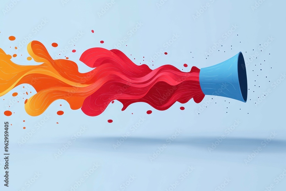 Poster colorful waves and shapes spiraling outward from a single point, symbolizing a speech being heard ac