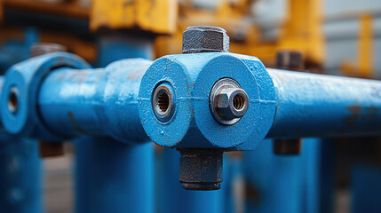 Close-up of blue pipe bolts on a steel frame, industrial background