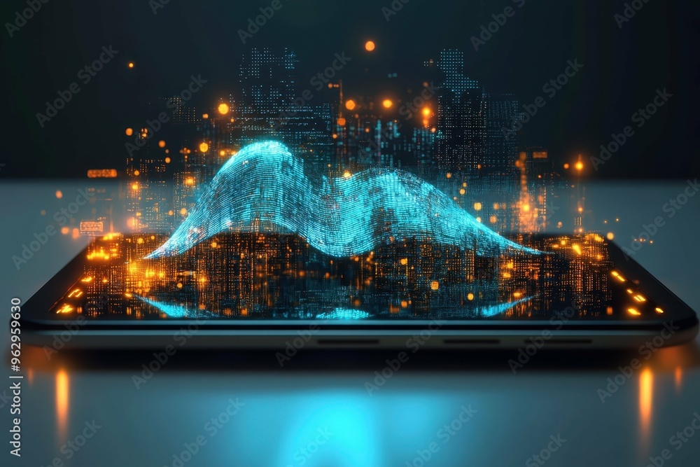 Poster a futuristic tablet with a glowing holographic speech wave emanating from it, showcasing the integra