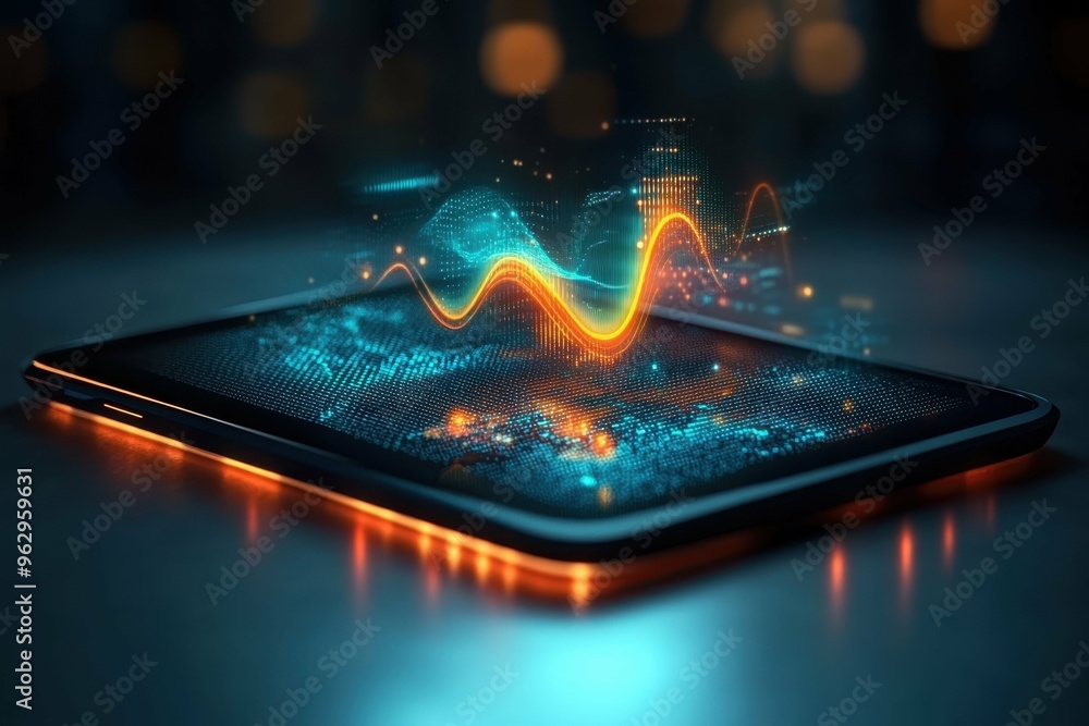 Poster a futuristic tablet with a glowing holographic speech wave emanating from it, showcasing the integra