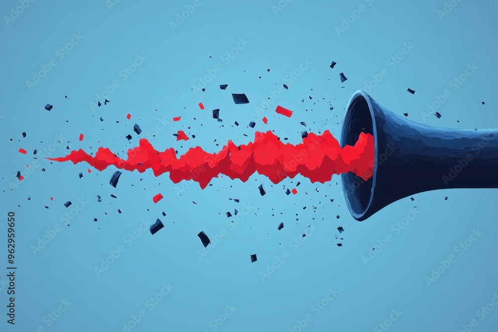 Poster an abstract depiction of sound waves breaking through a barrier, symbolizing unrestrained speech and