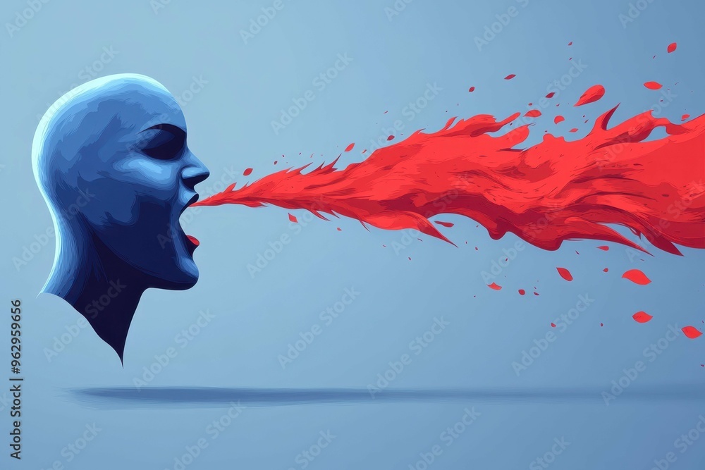 Poster an abstract, minimalist representation of a face with flowing lines emerging from the mouth, symboli
