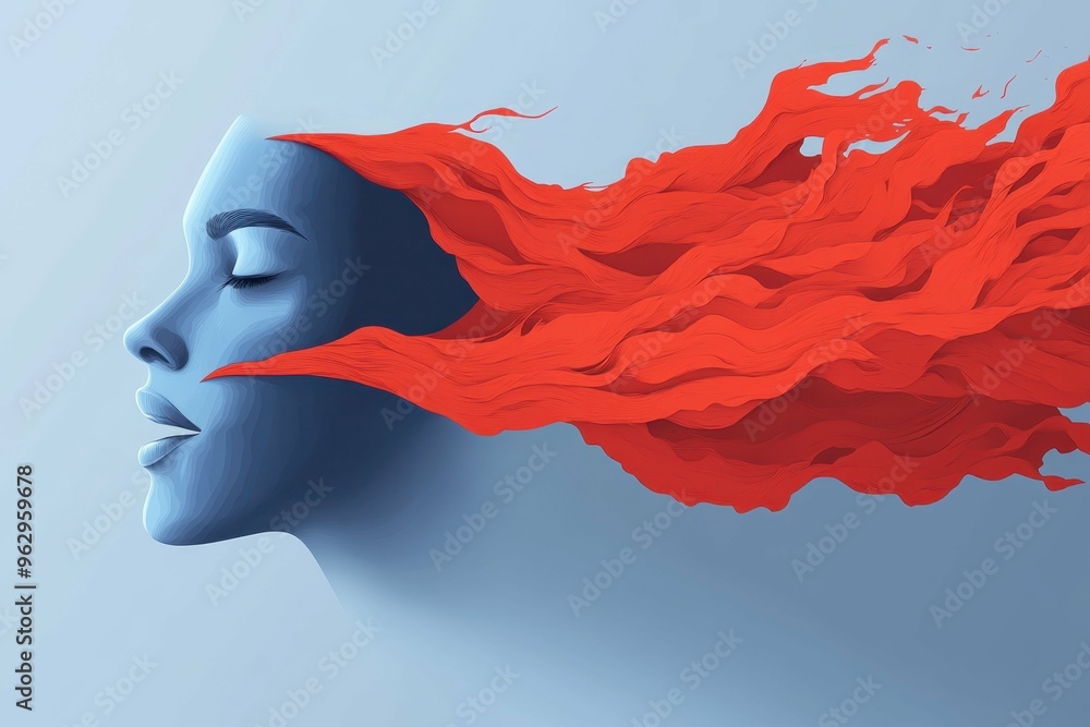 Poster an abstract, minimalist representation of a face with flowing lines emerging from the mouth, symboli