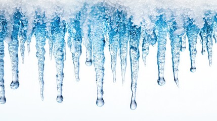 Sharp icicles hanging from roof covered with snow melting in springtime