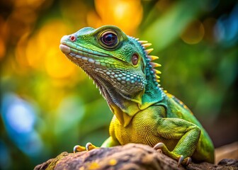 Obraz premium A compact bundle of energy, the green and yellow dragon lizard sits atop a rocky throne, its camouflage