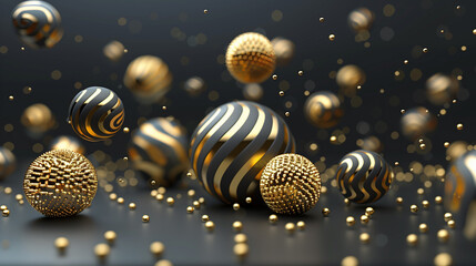 Many flying gold striped balls on a dark background. 3d render illustration.