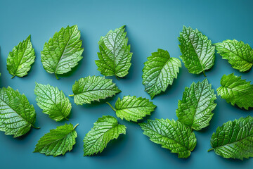 Fresh green mint leaves pattern on turquoise background