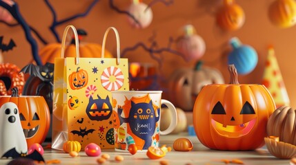 Spooky Halloween collection featuring an invitation card, candy bag, and mug with lively graphics of jack-o'-lanterns and bats on a textured backdrop.