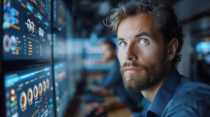 Obraz premium double exposure. Handsome male amd Floor paln. system security specialist working on computer at system control center.