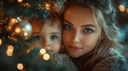 Mother and little son put up the Christmas tree together