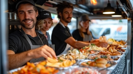 people ordering food at counter in food truck outdoor, day time.