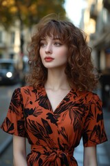 A woman with natural curly hair, wearing a bold dress and walking confidently in a city street