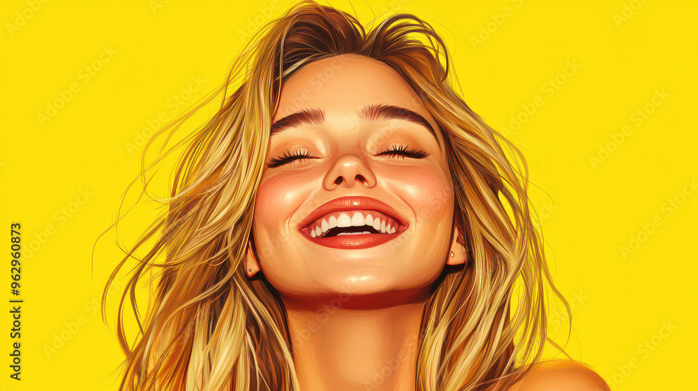 Sticker a lively illustration of a blushing girl radiating joy against a clean, simple background, celebrati