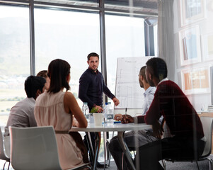 Business people, presentation and team director planning project with whiteboard, discussion or...