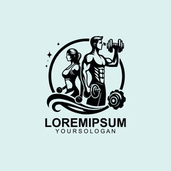 Fitness Center logo. Sport and fitness logo Design . Gym Logo Icon Design Vector Stock, or emblem with woman and man silhouettes.