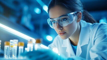 Female Scientist in Lab Coat Examining Test Tubes