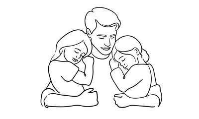 Father and two chieldrens  continuous line art drawing isolated on white background. Fathers day. Vector illustration	