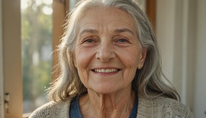 Cheerful pretty blonde older woman in elegant glasses looking at camera with beautiful toothy smile, laughing , showing white perfect teeth, posing for elderly female head shot portrait
