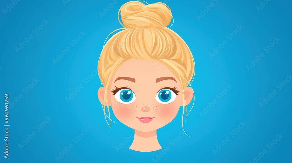 Poster A cute chibi girl with blonde bun hair and sparkling blue eyes, perfect for a playful and fun design.