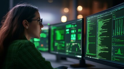 Woman Programmer Working Late Night on Computer with Green Code